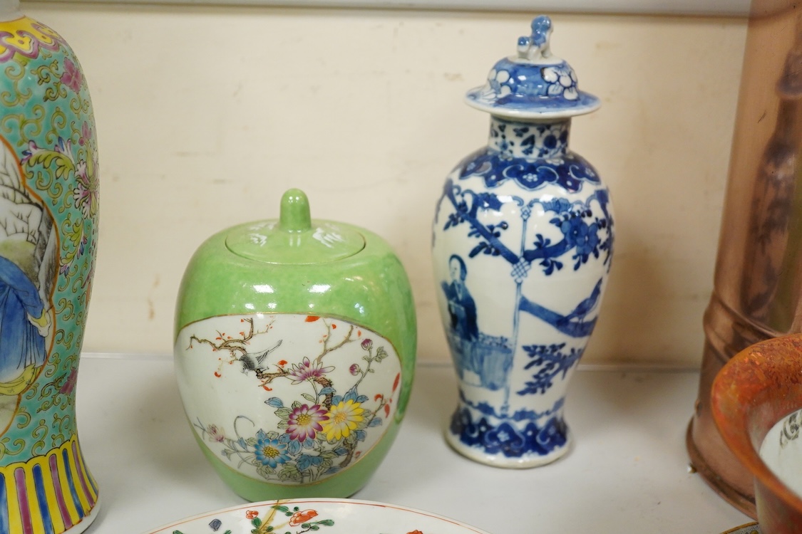 A collection of Chinese ceramics, 18th century and later to include a blue and white vase and cover, ‘goldfish’ charger and various bowls, largest 36cm in diameter